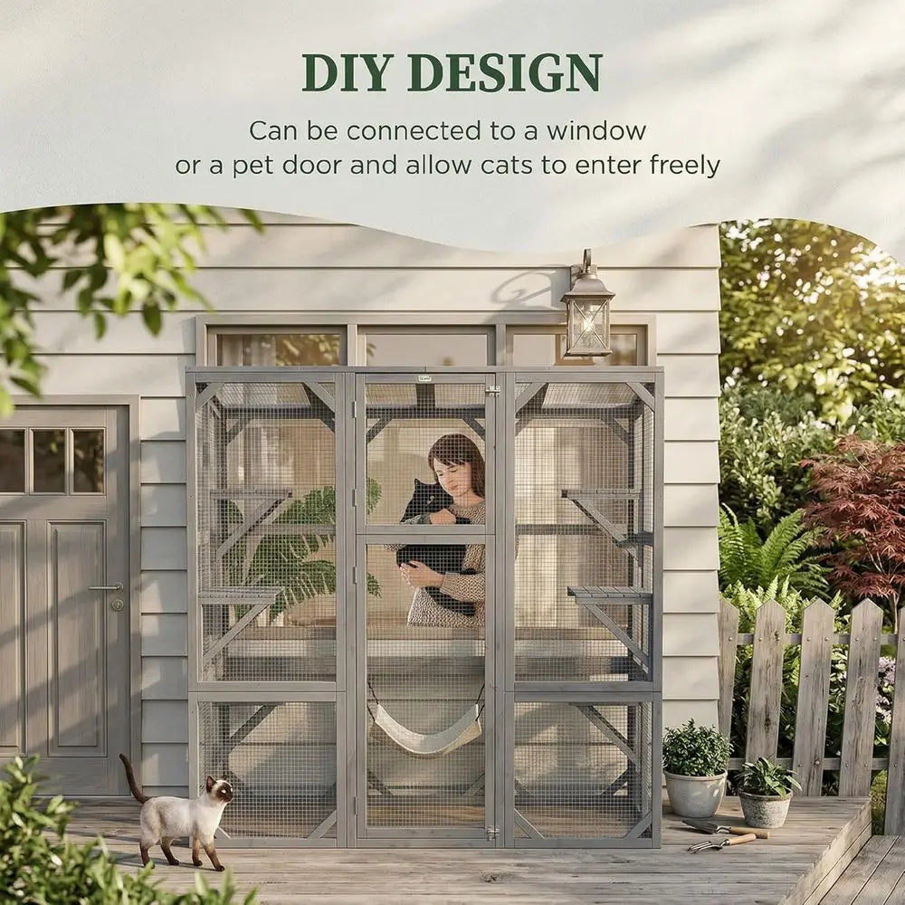 Outdoor Cat Enclosure Large for 1-3 Cats 59 x 28 x 60 Gray | Wooden Cat House, 6 Jumping Platforms, Weatherproof Roof, Outdoor K
