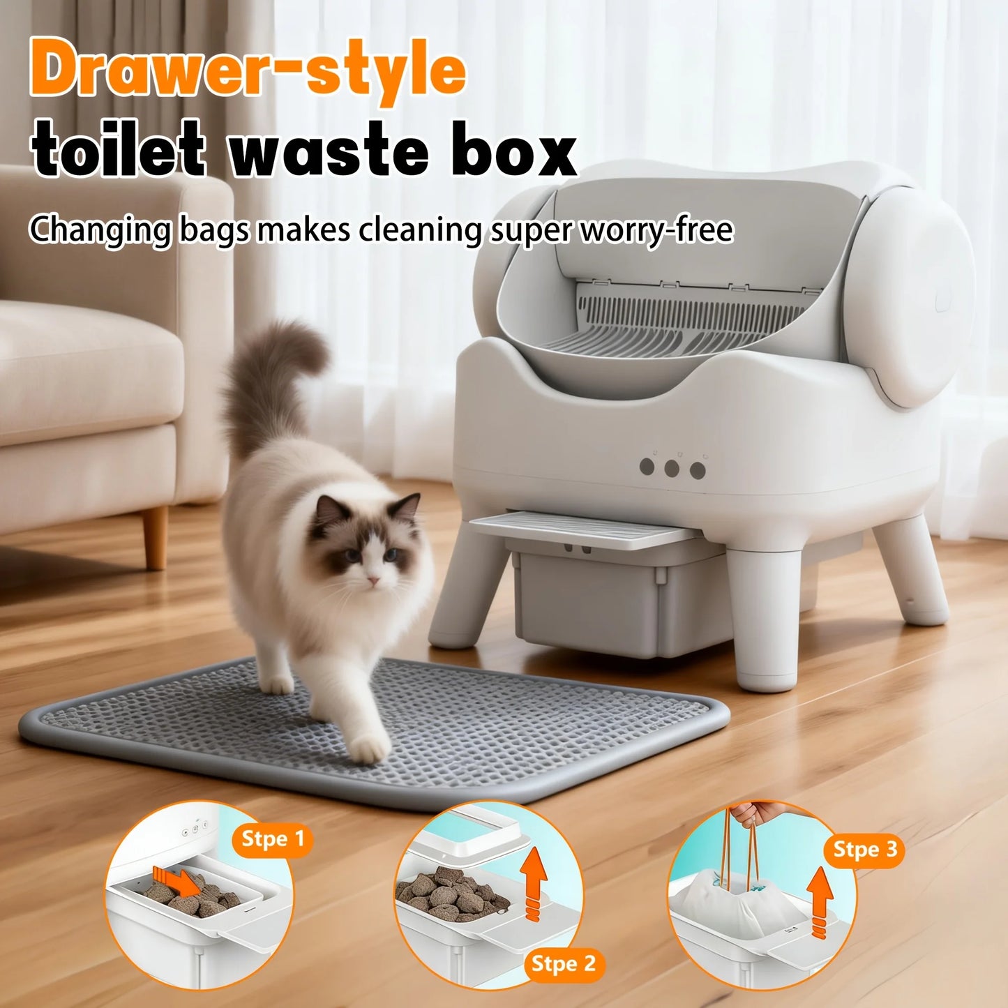 Automatic Self-Cleaning Litter Box, Large Capacity 4.23gal Waste Bin For Multiple Cats, Open Top Design, Removable Washable Liner, Odor Control, Includes 1 Cat Litter Mat, Without Battery