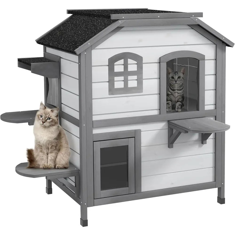 Outdoor Wooden Cat Enclosure for Multiple Cats with Easy Door, Openable Roof, Jumping Platforms, White