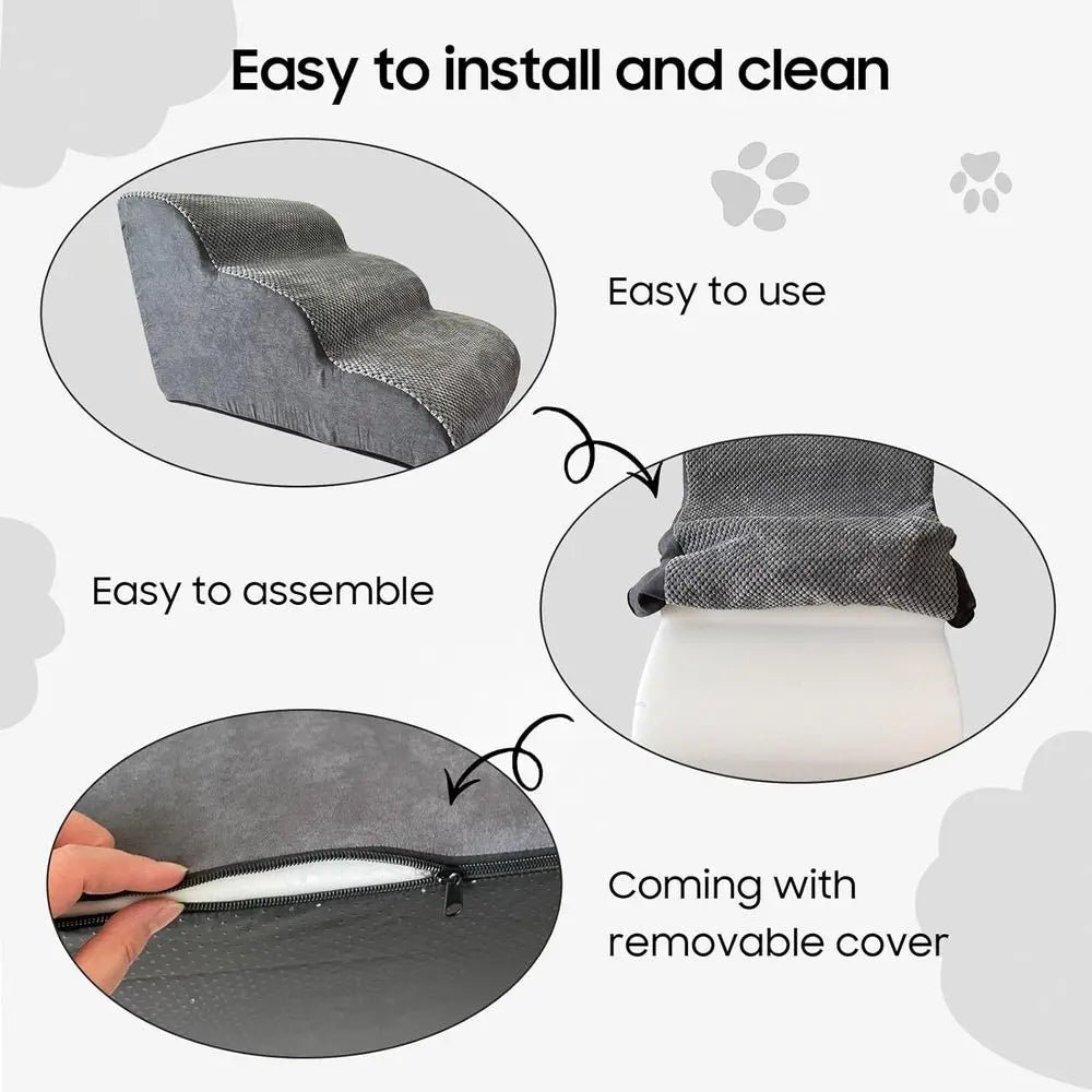 Pet Stairs for Small Dogs and Cats, Comfortable Curved Design with Waterproof Cover, High-Density Foam Steps or Beds or Sofas, D
