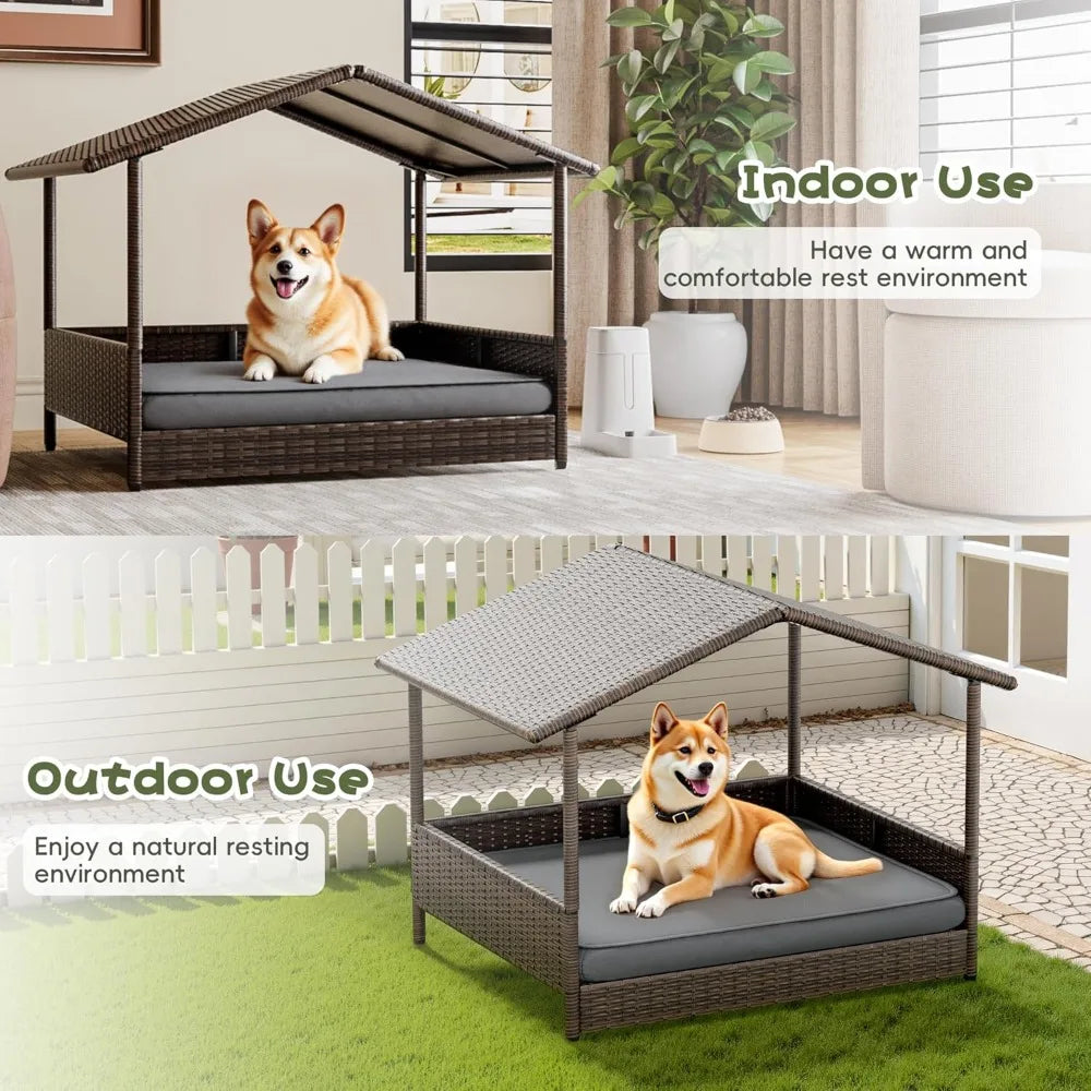 Elevated Wicker Dog House with Removable Cushion, Weatherproof Roof for Small Medium Dogs Indoor Outdoor Pet Bed