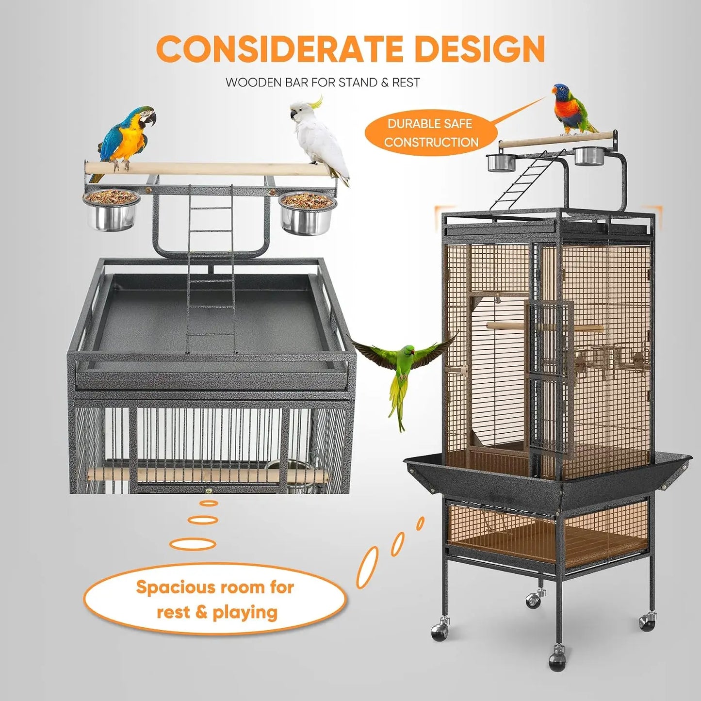 61 inch Iron Bird Cage, Play Top Parrot Cage with Rolling Stand for Parrot Cockatiels Parakeet Cage Macaw Finch Cockatoo Perch P