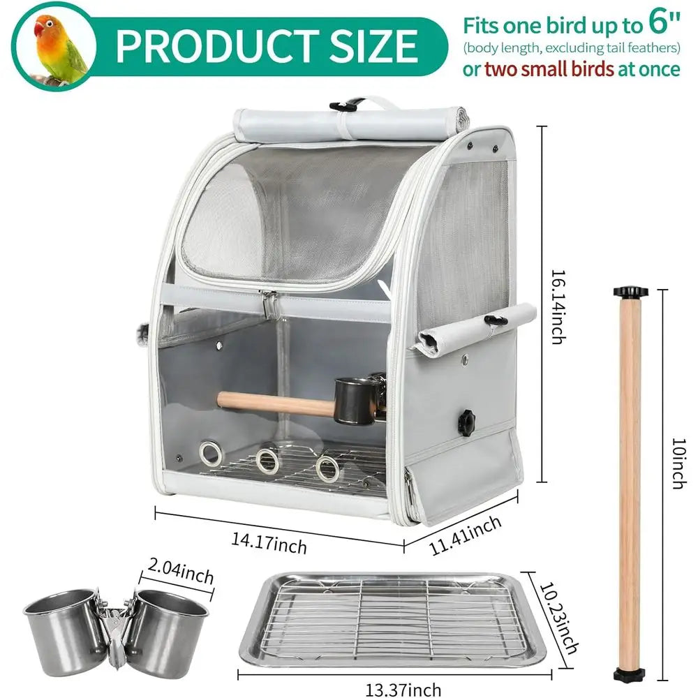 Bird Carrier Bag, Travel Cage with Standing Perch, Indestructible Stainless Steel Mesh, Portable Transparent Breathable Carrier