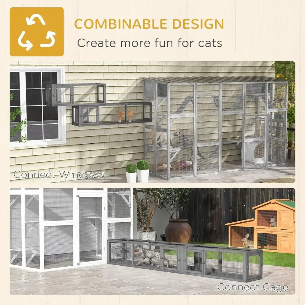 Outdoor Cat Tunnel with Combinable Design, 8 Door, 98 Gray | Wooden Cat Tube, Kitty Toys or Puppy, Pet, House, Window, Cage