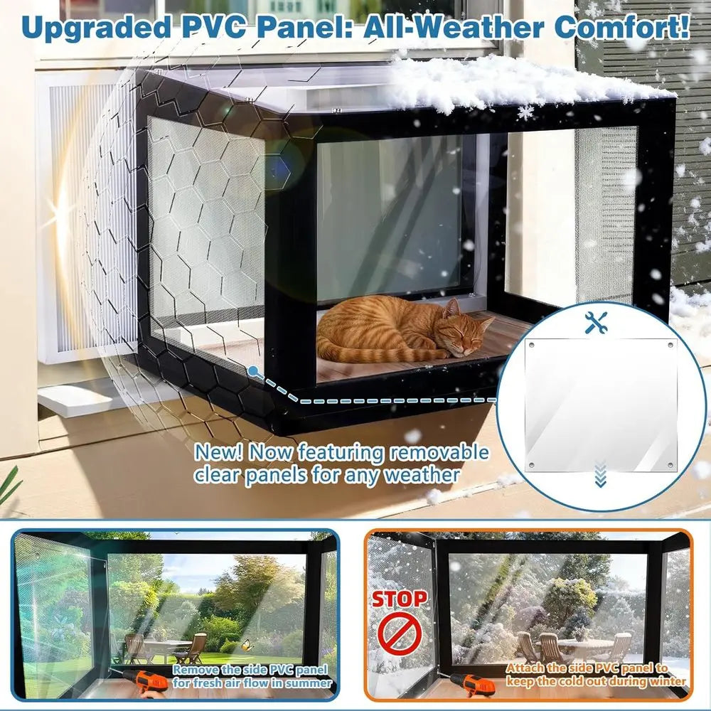 Cat Window Box Window Catio with Weatherproof PVC Side Panels, 25.4-43.3 in Windows, Seasonal, Easy Assembly