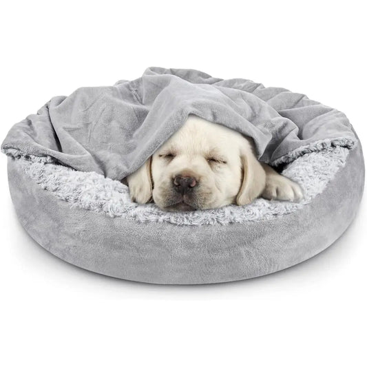 Small Dog Bed Cat Bed with Hooded Blanket, Cozy Cuddler Luxury Puppy Pet Bed, Donut Round Calming Anti-Anxiety Dog Burrow Cave B