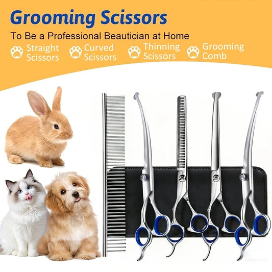 7-in-1 Professional Stainless Steel Dog Grooming Scissors With Safety Round Tip, Titanium Coated Heavy Duty Dog & Cat Grooming Scissors Set With Straight & Thinning & Curved Scissors & Comb, Pet Grooming Scissors Kit For Dogs