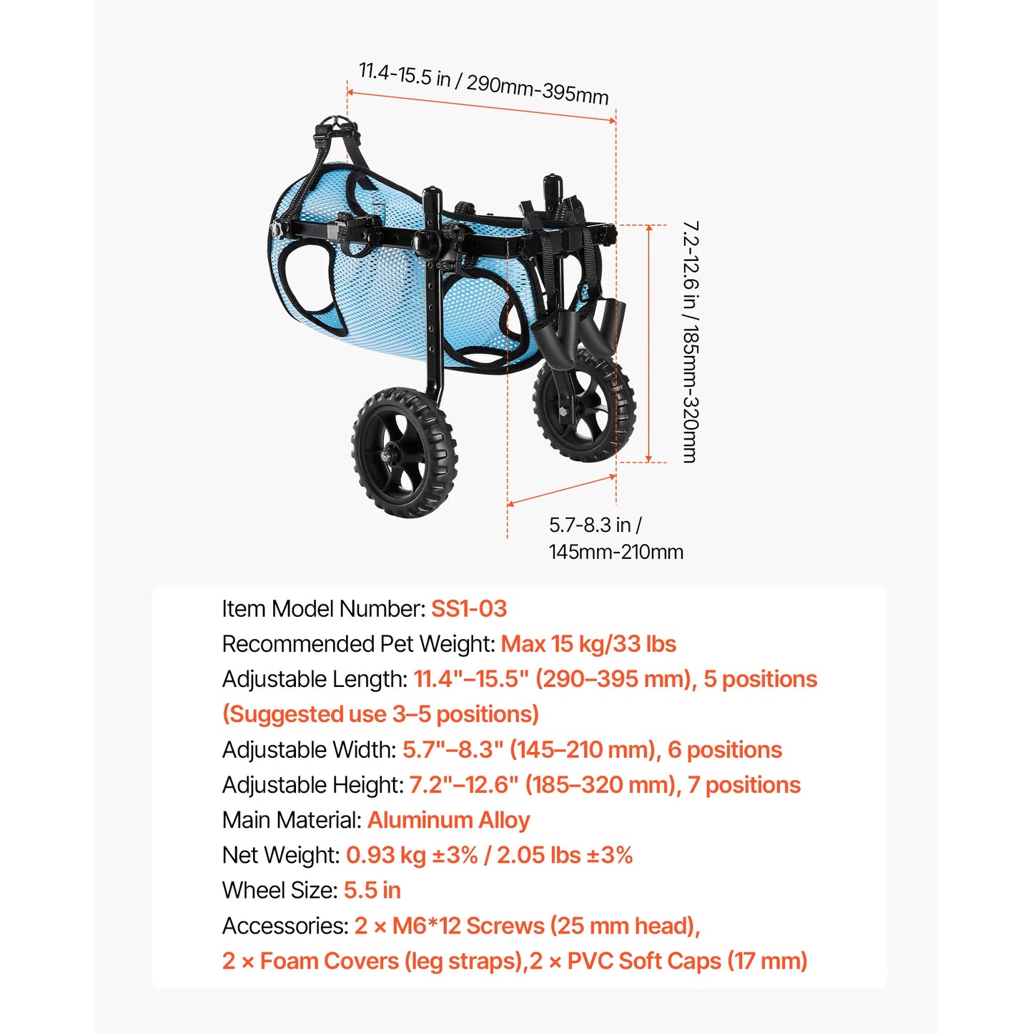 SucceBuy Dog Wheelchair for Back Legs Adjustable 2 Wheels Lightweight  Dog Cart with Shock-Absorbing Wheels for Disabled Dogs