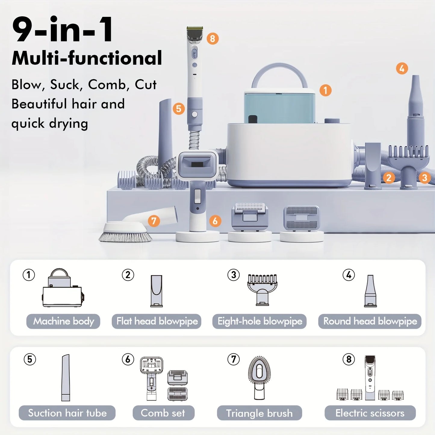 Pet Grooming Vacuum Set: Dog Shedding Vacuum with Grooming & Hair Dryer Functions, 9-in-1 Pet Brush Vacuum Equipped with Electric Clippers, 24KPa Adjustable Speed & Temperature - 104.82oz Dust Bin