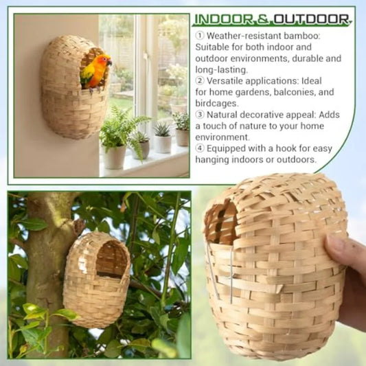 Bamboo Bird Nest For Cage Handwoven Natural Bird House Hook