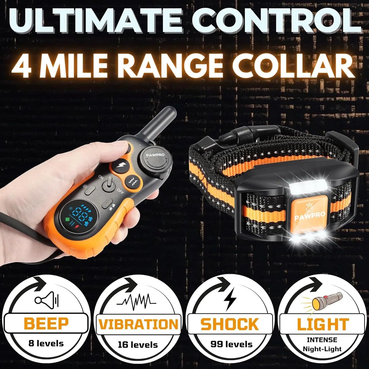 PAWPRO Dog Training Collar with Remote, XXL 4-Mile Unmatched Range for Maximum Control, Night-Light Mode for Safety & Visibility, 124 Adjustable Levels & 4 Safe Training Modes (Beep, Vibration, Shock, Night-Light), Free Exper