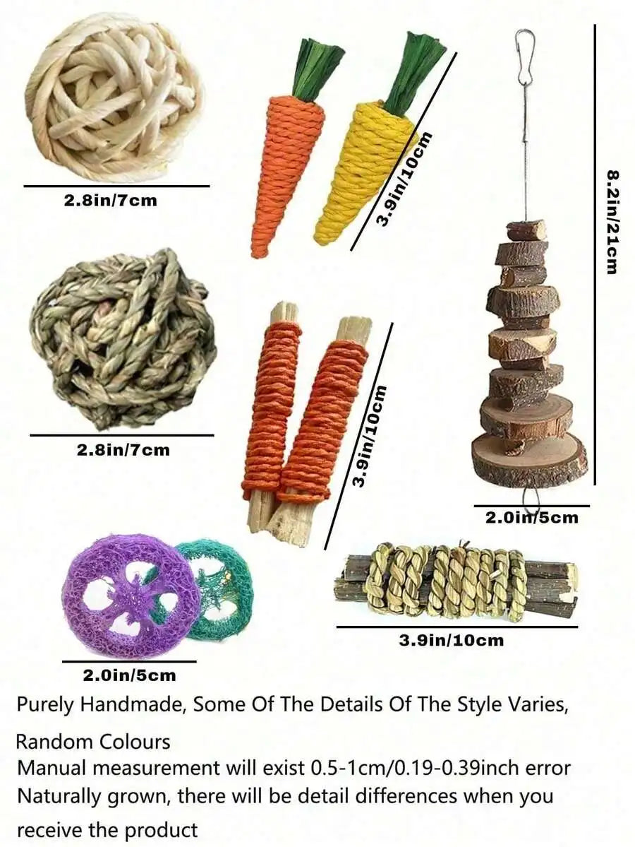 7-Piece Small Pet Teething Toy Set For Rabbits Hamsters Dental Care Chew Toys Wooden Loofah Grass Ball