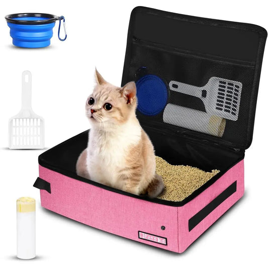Portable Cat Travel Litter Box with Lid and 10 Disposable Liner Bags, Leak-Proof and Collapsible, Ideal for Car, Hotel, Airplane
