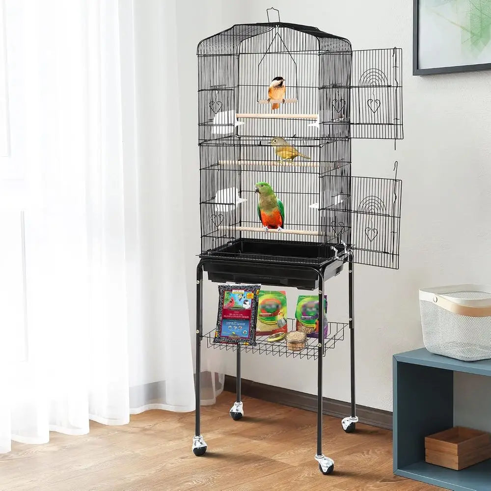 63.4 Inch Rolling Wrought Iron Parrot Cage with Side-out Tray, Storage Shelf, Pet Bird House for Parrot, Cockatiel, Cockatoo, Pa