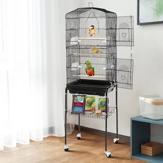 63.4 Inch Rolling Wrought Iron Parrot Cage with Side-out Tray, Storage Shelf, Pet Bird House for Parrot, Cockatiel, Cockatoo, Pa