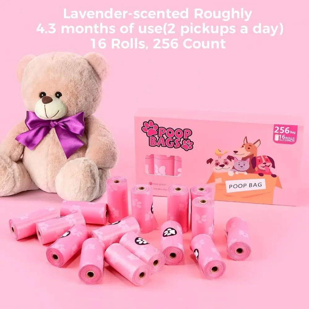 Poop Bags Rolls 256 Count - 9x13 Inches Pink Thickened Leakproof Lavender Scent Dog Waste Bags, Eco-friendly for Walking, Home,