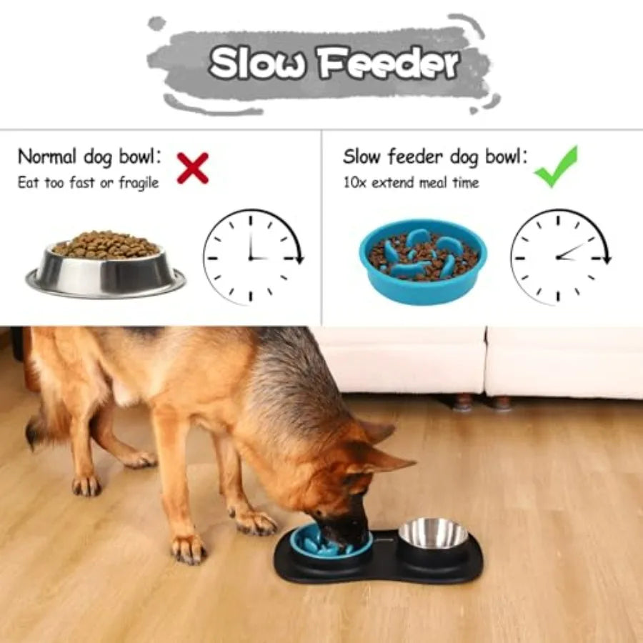 Dog Food and Water Bowl Set 3 in 1, Slow Feeder Dog Bowls and Stainless Steel Water Bowl with Non-Spill Silicone Mat, Cat and P