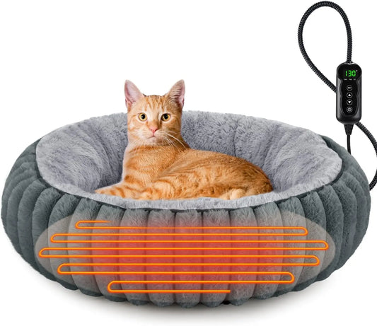 Heated Pet Bed for Cats & Small Dogs, 20" Donut Shape with Timer & Adjustable Temperature, Waterproof Electric Warming Bed
