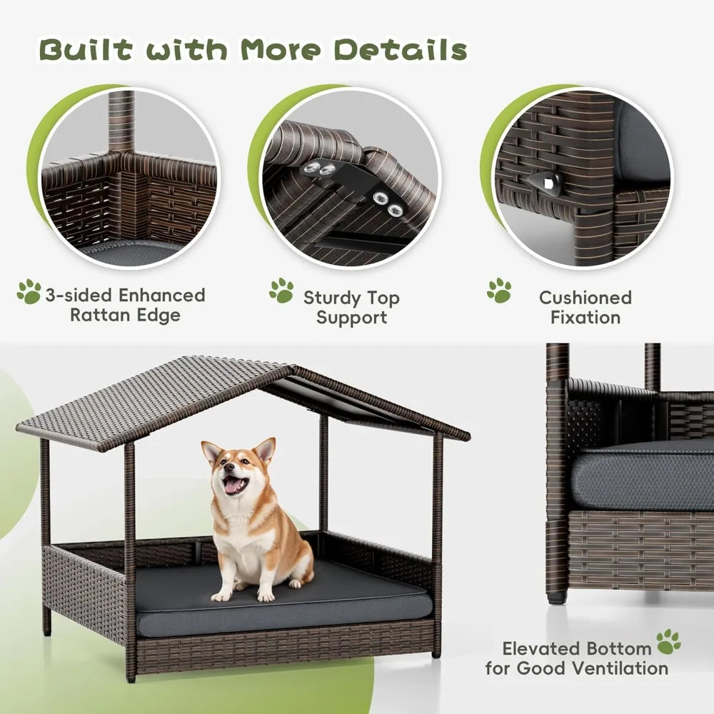 Elevated Wicker Dog House with Removable Cushion, Weatherproof Roof for Small Medium Dogs Indoor Outdoor Pet Bed