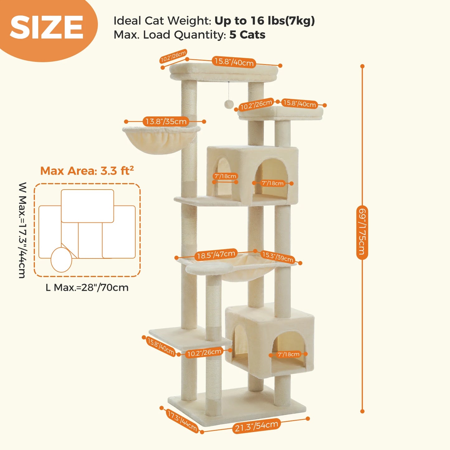 Sturdy Multi-Level Cat Tree Tower with Natural Sisal Scratching Posts,Cozy Hammock&Condo, Large Top Perch, and Fun Dangling Ball