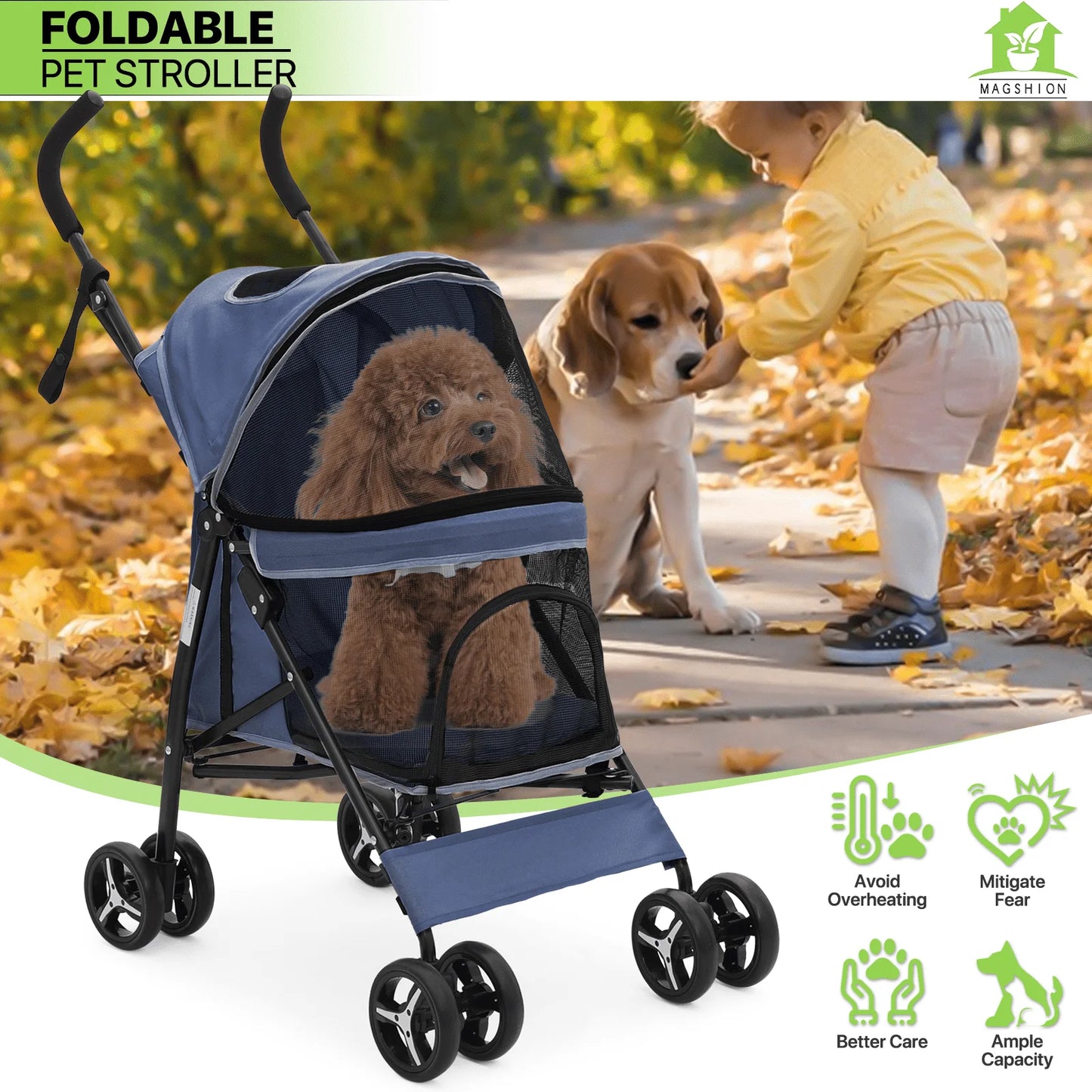 Magshion 4 Wheels Pet Dog Cat Stroller for Small Medium Dogs Cats, Foldable Jogger Stroller w/Storage Basket and Cup Holder