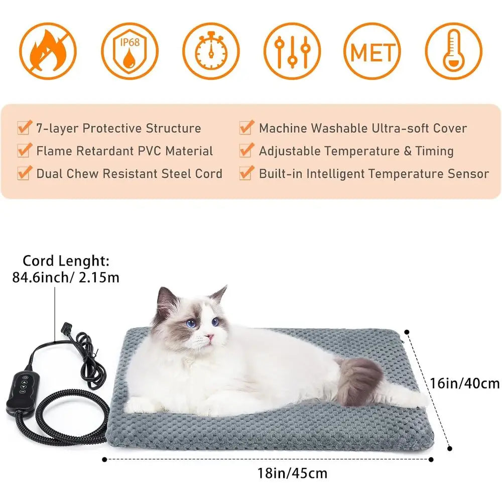 Heated Cat Bed, Waterproof Adjustable Temperature Heating Pad with Timer, Indoor Pet Heating Pad for Cats Dogs, Electric Pads fo