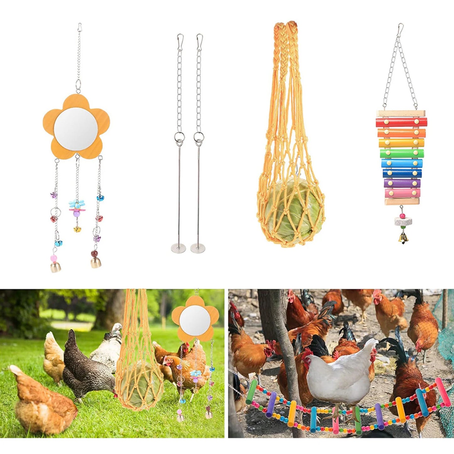 7PCS Chewing Foraging Toy with Wooden Hanging Feeder Chicken Toy Set Chewing Training Toy Chicken Toy Set Rooster Hen Chick Toys