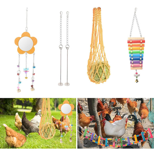 7PCS Chewing Foraging Toy with Wooden Hanging Feeder Chicken Toy Set Chewing Training Toy Chicken Toy Set Rooster Hen Chick Toys