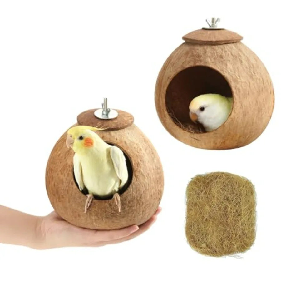 Bird Nest for Cage Natural Coconut Shell Birds House 2 Pack Parakeet Hide Breeding Hut Bird Cage Accessories and Decor Hamster