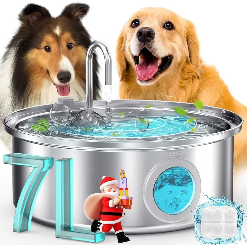 7L/230oz Stainless Steel Pet Fountain with Visual Water Level, Ultra-Quiet Water Bowl for Large/Medium Dogs, Dispenser for Livin