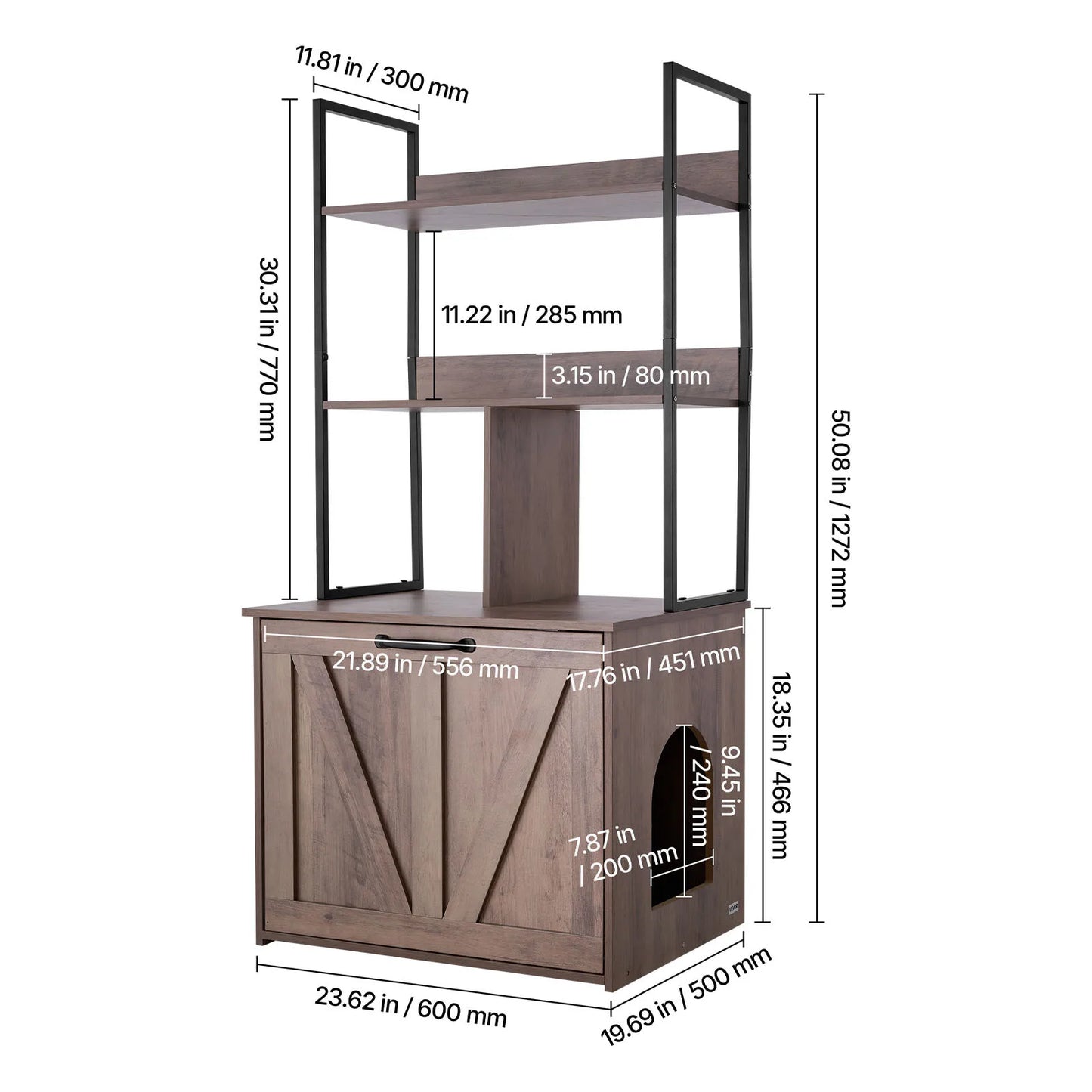 VEVOR Cat Litter Box Enclosure Furniture, 23.6 in / 27.6 in Hidden Litter Box Cabinet with Metal Legs & 2-Tier Storage Shelves, Cat Washroom Cat House, Fit Most of Litterbox, for Living Room White/light grey