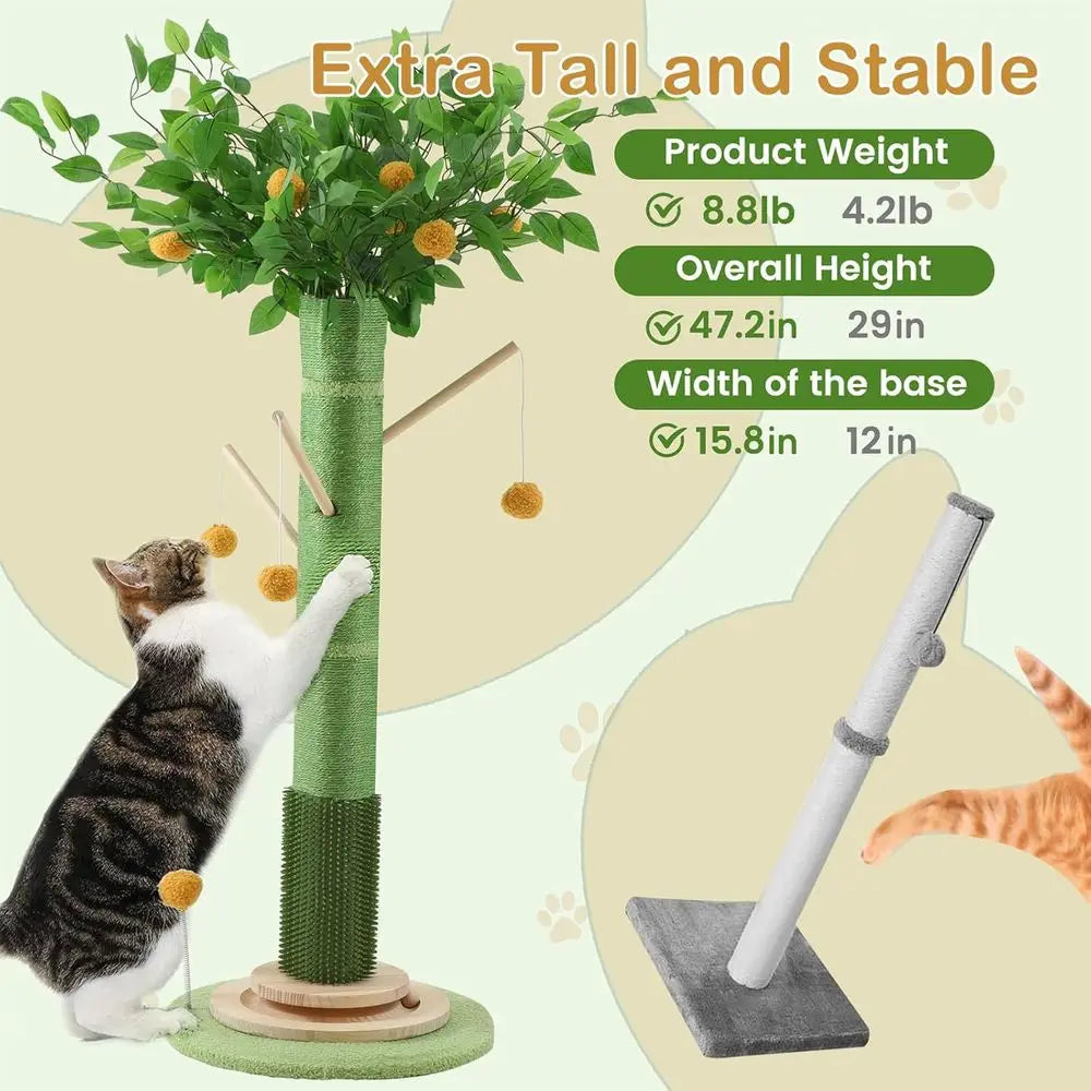 46 Tall Natural Sisal Cat Tree for Adult Cats | Indoor Scratch Post or Body Stretching, Self-groomer Brush, Stable 3-layer Solid