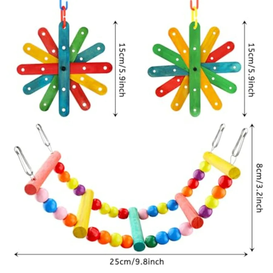 Parakeet Bird Toys 8-Piece Set With Colorful Ladder Hammock Bells