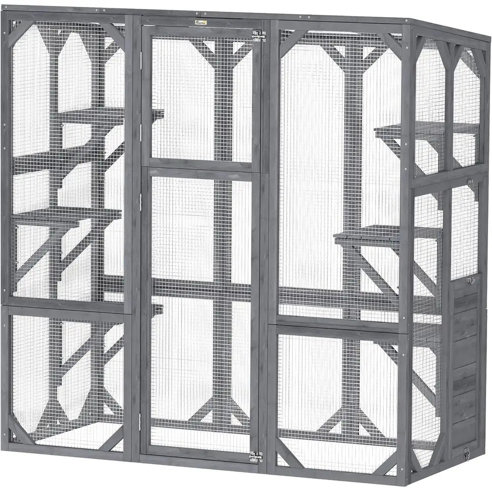 Outdoor Cat Enclosure Large for 1-3 Cats 59 x 28 x 60 Gray | Wooden Cat House, 6 Jumping Platforms, Weatherproof Roof, Outdoor K