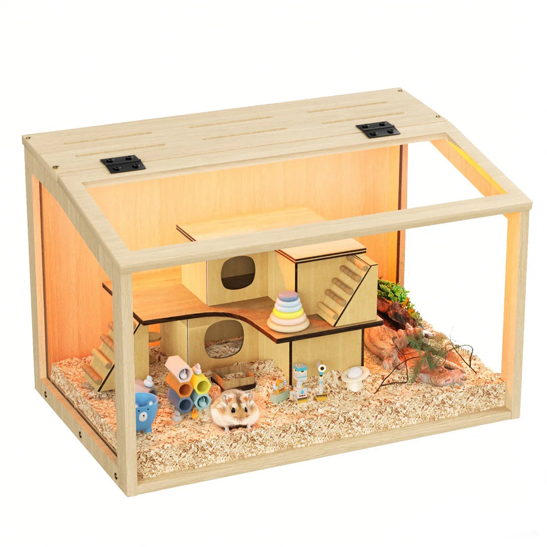 Large Natural Wooden Hamster Cage with Glass Panels, LED Light, Chew-Proof Indoor Habitat for Small Pets