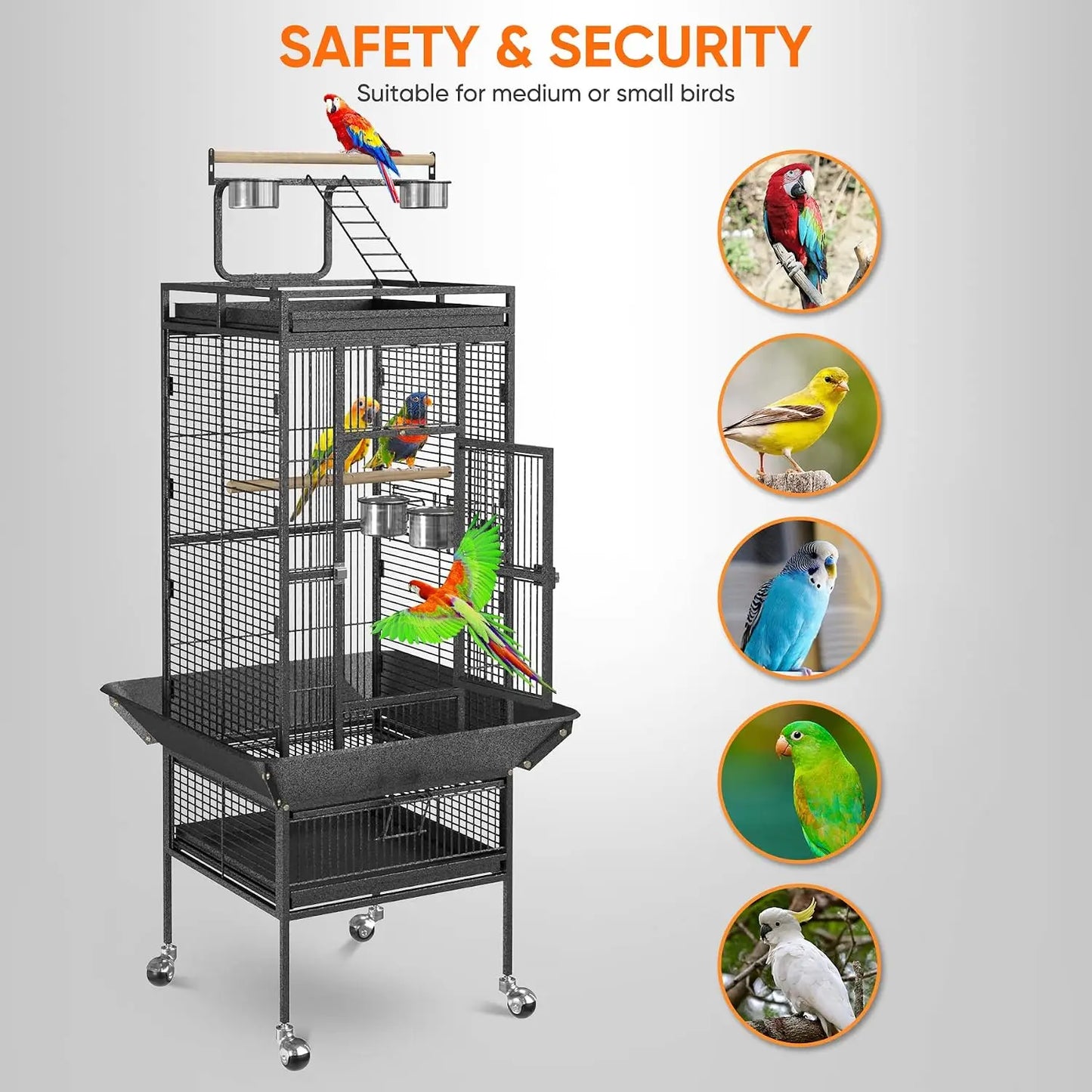 61 inch Iron Bird Cage, Play Top Parrot Cage with Rolling Stand for Parrot Cockatiels Parakeet Cage Macaw Finch Cockatoo Perch P