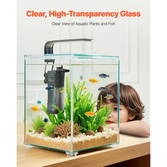SucceBuy Fish Tank Aquarium 5Gal Square Ultra-Clear Glass Starter Tank Adjustable 3 Color Lighting Self Cleaning System for Home