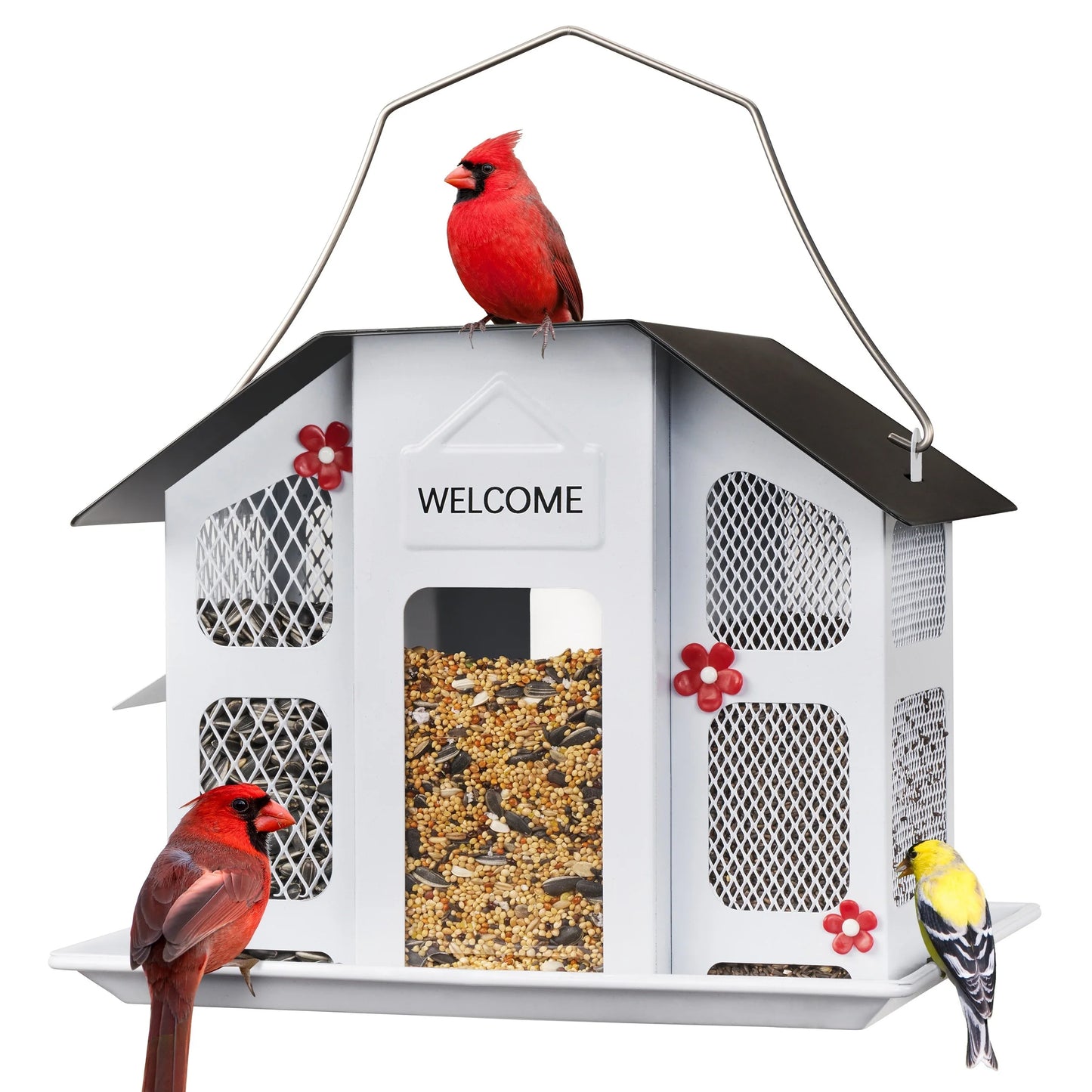 Kingsyard Metal Bird Feeders For Outdoors Hanging, Wild Bird Feeder For Cardinal, With Weatherproof Roof, 3 Different Seed Tray For Finch Sparrows Woodpeckers, 4 Lbs Large Capacity, Black Friday Items, Outdoor Decor, Christma