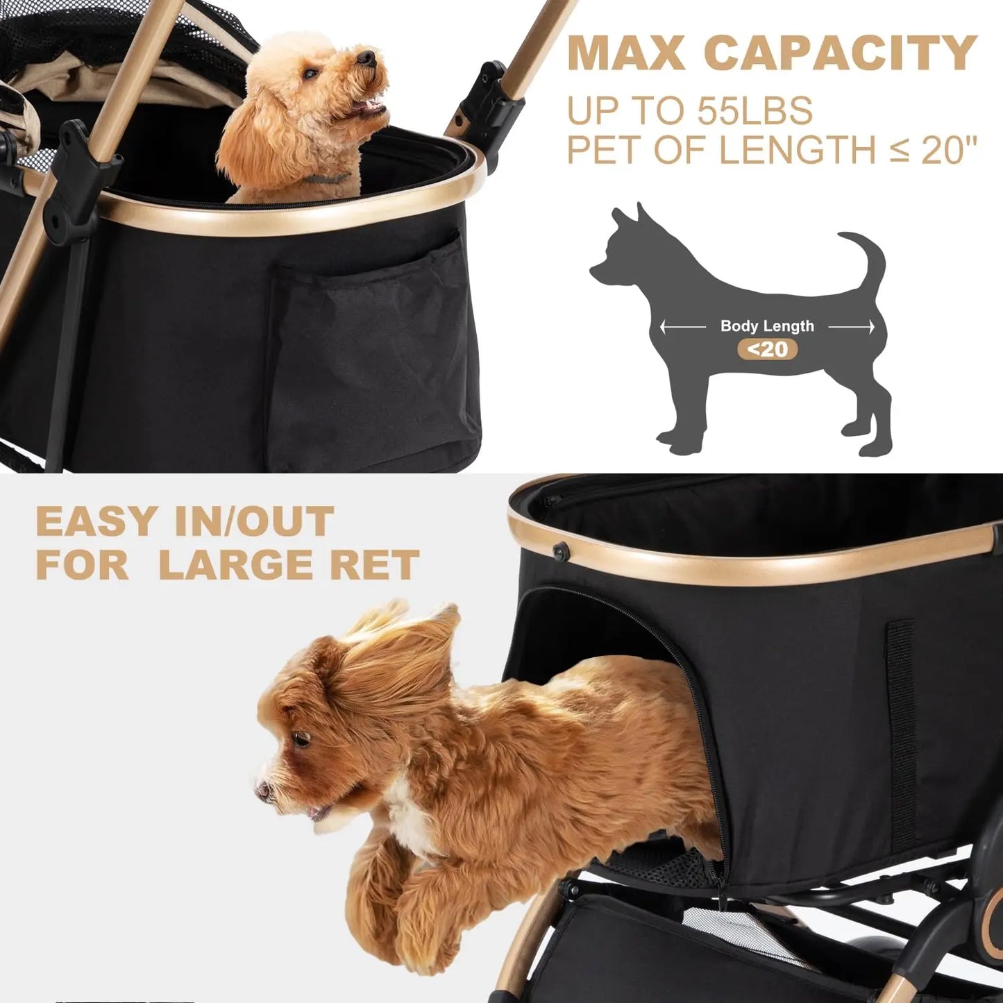 Foldable 3-in-1 Pet Stroller with Storage Basket, for Small/Medium Dogs Cats up to 50lbs