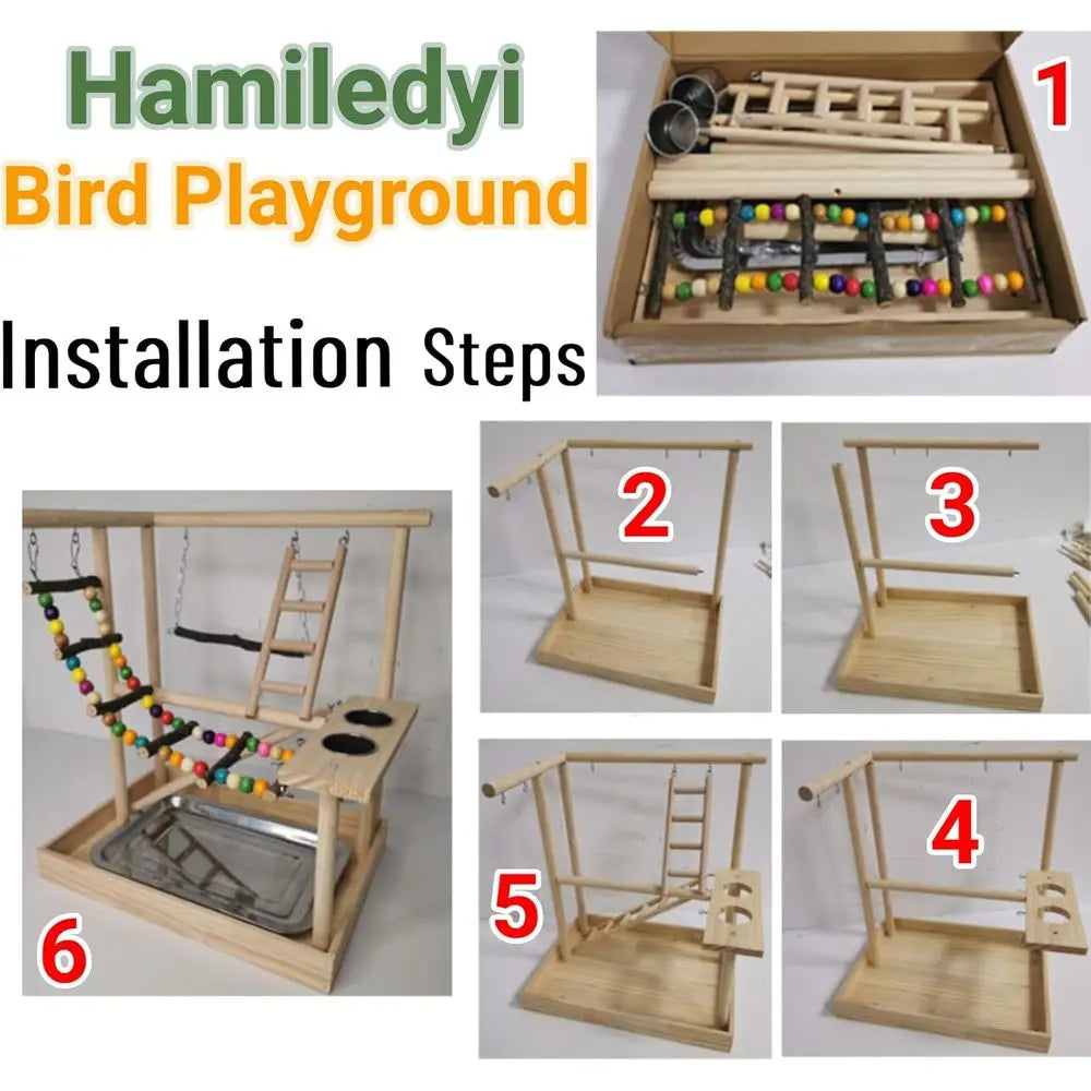 Bird Play Gym with Climbing Ladders, Swings, Chew Toys, and Parakeet Cups for Parrots, Conures, and Lovebirds (Includes Tray)