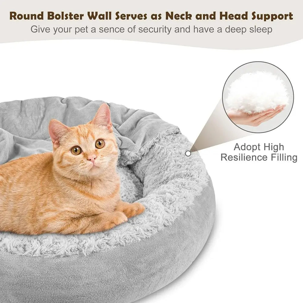 Small Dog Bed Cat Bed with Hooded Blanket, Cozy Cuddler Luxury Puppy Pet Bed, Donut Round Calming Anti-Anxiety Dog Burrow Cave B