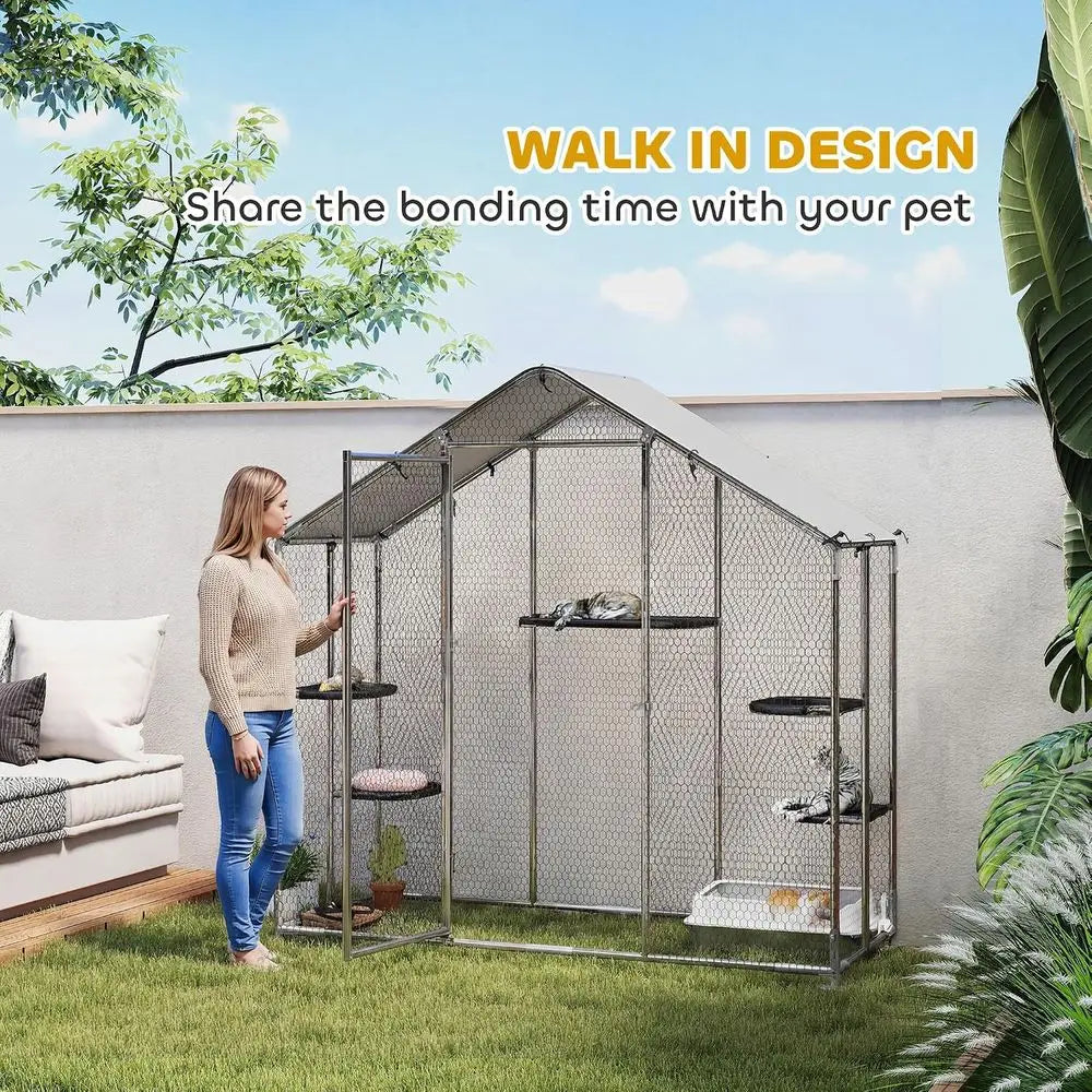 Large Catio Outdoor Cat Enclosure Chicken Coop Pointed Roo | Galvanized Steel Walk-in Cat Patio, Outdoor Kitty Cage, Waterproof