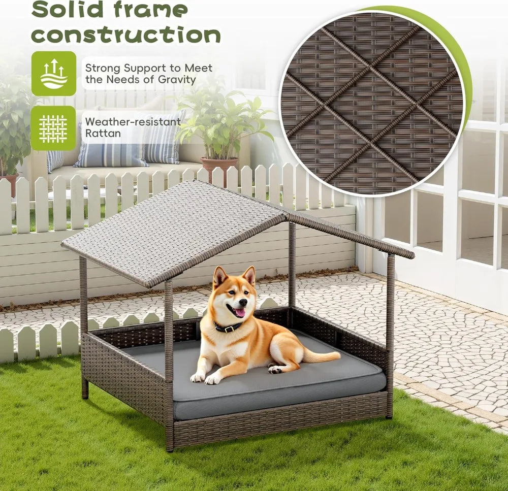 Elevated Wicker Dog House with Removable Cushion, Weatherproof Roof for Small Medium Dogs Indoor Outdoor Pet Bed