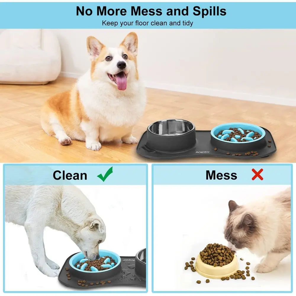 3 in 1 Stainless Steel Food and Water Bowls with Non-Spill and Skid Silicone Mat to Slow Down Eating for Large, Medium, Small Br