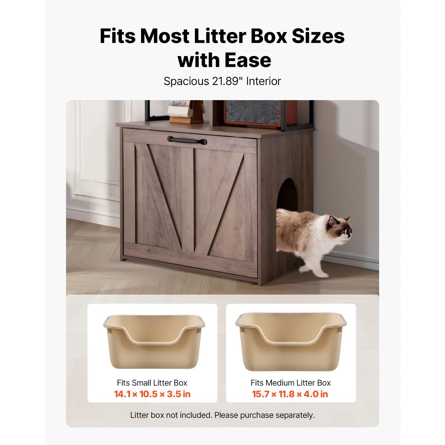 VEVOR Cat Litter Box Enclosure Furniture, 23.6 in / 27.6 in Hidden Litter Box Cabinet with Metal Legs & 2-Tier Storage Shelves, Cat Washroom Cat House, Fit Most of Litterbox, for Living Room White/light grey
