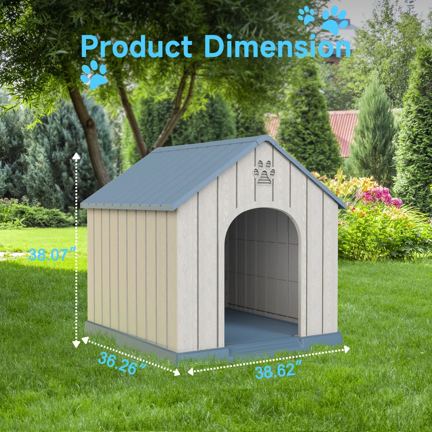 Dog House Outdoor Peaked Roof Dog House for Small to Large Sized Dogs, Resin Dog House with Raised Floor And Vent, Rain Proof Roof, Large Winter House, Give Your Pet A Warm Home. Perfect Holiday Gift for Halloween, Christmas,