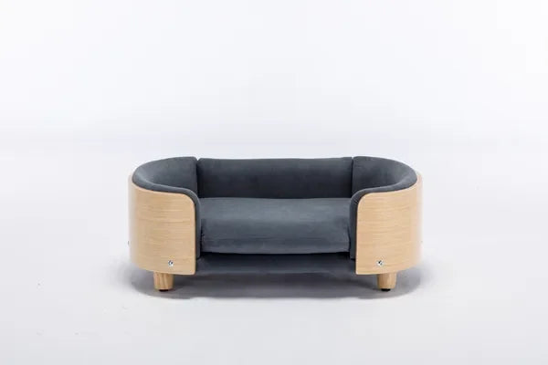 Scandinavian style Elevated Dog Bed Pet Sofa With Solid Wood legs and Bent Wood Back, Velvet Cushion,Size,Dark Grey