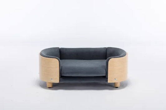 Scandinavian style Elevated Dog Bed Pet Sofa With Solid Wood legs and Bent Wood Back, Velvet Cushion,Size,Dark Grey