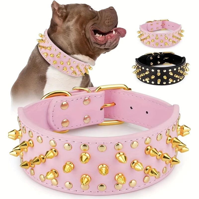 Wide Golden Spiked Dog Collar, Epesiri Dog Chain Collars, Mushroom Rivet Faux Leather Dog Collars, Adjustable Durable Spike Studded Pet Collar for Pitbull Mastiff Bulldog Pugs Husky Rottweiler