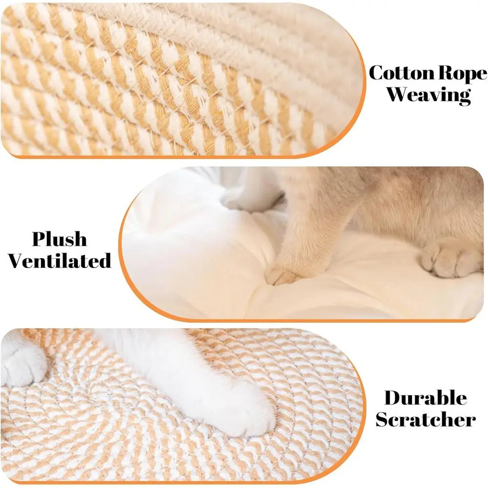 Cat Bed Basket with Cushion, Cotton Rope Woven Pet Bed, Indoor Cats Couch, Stimulicat Handwoven Breathable, All Season (White)